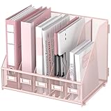 SUPEASY Desk Organizers Metal Desk Magazine File Holder with 5 Vertical Compartments Rack File Organizer for Office Desktop, Home Workspace, Pink Plus