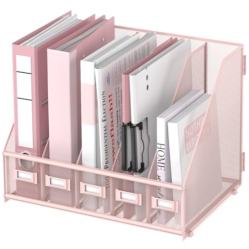 SUPEASY Desk Organizers Metal Desk Magazine File Holder with 5 Vertical Compartments Rack File Organizer for Office Desktop, Home Workspace, Pink Plus
