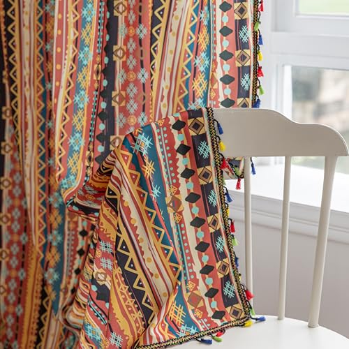 Image of Boho Curtains Geometric Light Filtering Semi-Blackout Window Curtains 54 Inches Long Rod Pocket Drapes for Living Room 2 Panels-Vintage Red