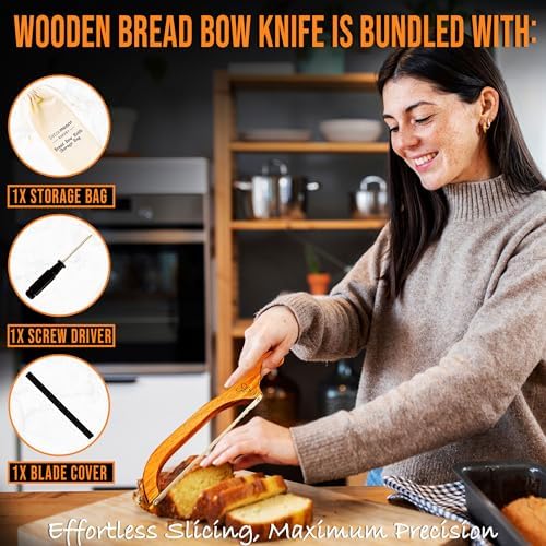 RIGHT HANDED Bread Slicer-40 cm Bread Bow Saw for Slicing - Serrated Sourdough Bread Saw with Acacia Wooden Handle-Bread Cutter for Homemade Bread-Sourdough & Bagels Serrated Bread Slicer-Bread Cutter