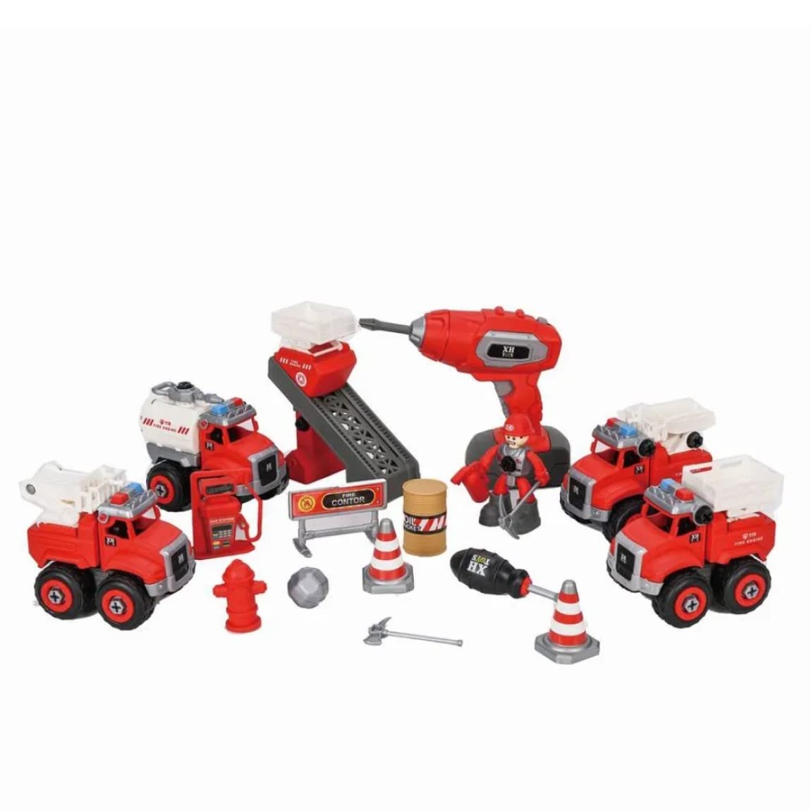 Radhey Preet DIY Activity Fire Site Work Theme Fire Trucks Play Set for Kids | 21pcs in a Set | Skrew Driver and Drill Machine Available for Assembling & Disassembling Process
