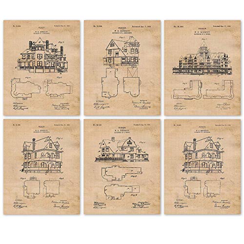 Vintage House Patent Prints, 6 (8x10) Unframed Photos, Wall Art Decor for Home Office Man Cave Work Tool Garage Studio School Student Teacher Construction Architect Builder Designer Engineer