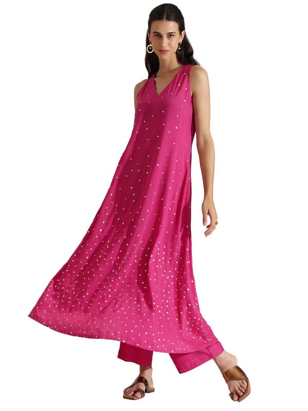 pink fort Women Festive Silk Blend Embellished Sleeveless Kurta Set | V-Neck A-Line Fit 2 Functional Pockets Kurta Ankle Length Flared Fit Pants-picture-20