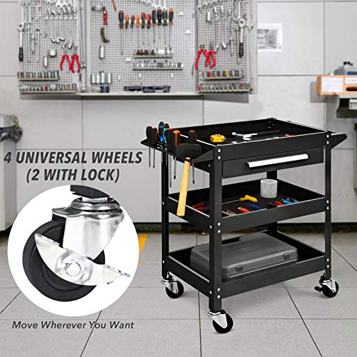 ARNOT 3 Tier Rolling Tool Cart, 330 LBS Tool Cart on Wheels for Mechanics, Heavy Duty Tool Cart with Drawers, Perfect for Garage, Warehouse & Repair Shop, Black - Thumbnail 5