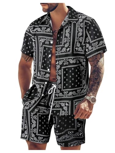 WDIRARA Men's 2 Piece Set Paisley Print Button Down Shirt Shorts Outfits Vacation Set