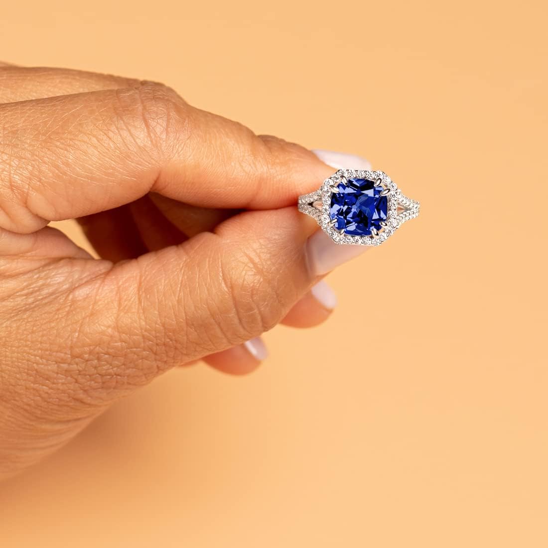 PEORA 14K Gold Created Blue Sapphire and Lab Grown Diamond Ring for Women, 7.65 Carats Total, 10mm Square Emerald Cut, Sizes 4 to 10