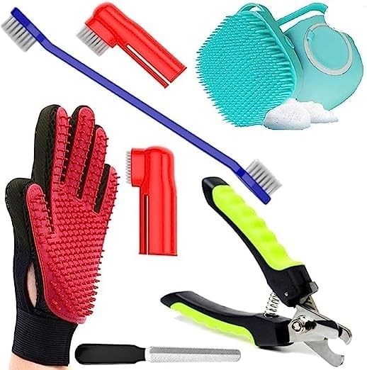 KsPups Dogs Grooming Kit - Pet Shampoo Brush, Nail Cutter, Tooth Brush and Grooming Hand Glove Ideal for Puppy, Cat and Kitten - Multicolor (Pack of 4)