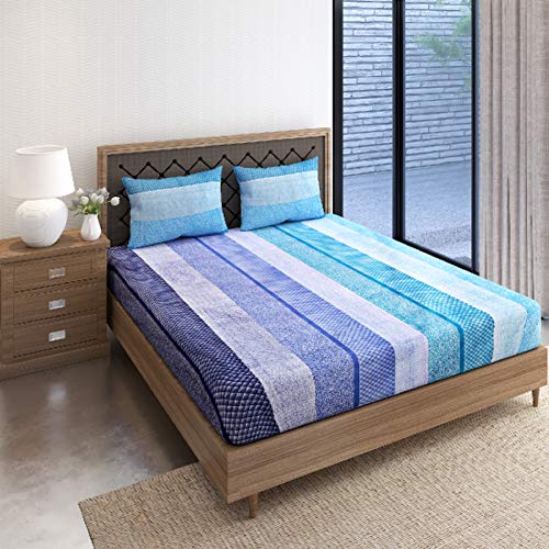 Image of Swayam Pure Cotton Double Bedsheet with 2 Pillow Covers | Size 90 x 100 inch | 160 TC | Striped Design | Soft Breathable Bed Sheet | Comfortable & Durable for Bedroom - Blue