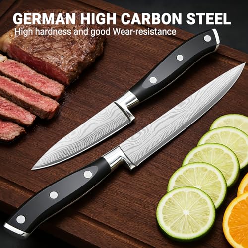 Razor Sharp 2PCS Small Kitchen Knife Set, 5 inch Utility Knife and 3.5 inch Paring Knife, High Carbon Steel Damascus Pattern Japanese Chef Knife with Full Tang Handle Design for Home Kitchen — view 2