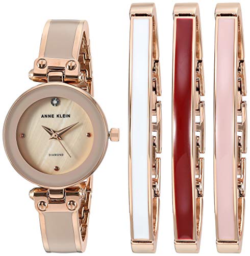 Anne Klein Women's Genuine Diamond Dial Rose Gold-Tone and Blush Pink Watch with Bangle Set, AK/1980BHST