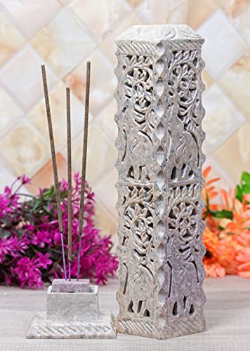 Crocon Handmade Soapstone Incense Stick Tower Candle Burner Elephant Leaf Design Incense Tower Burner | Tea Light Holder | Living Room Decor Kitchen Home Fragrance Decorative Gift Size - 11X3X3 Inch #TOP14