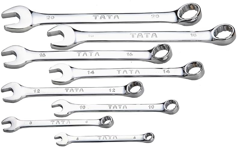 AGRICO TATA Chrome Vanadium Steel Combination Spanner Set/Wrench Set/Tool Kit Multipurpose Home Use and Professional Spanners Chrome Plating Open Jaw and Ring Spanners (8mm to 19mm - Silver Set of 8)