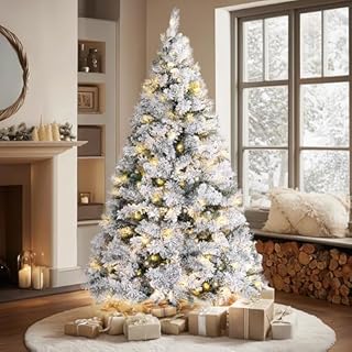 VeryMerry 6FT Pre Lit Snowy Christmas Tree with 300 Built-In Warm White LED Lights with Auto-Off Timer, 8 Lighting Modes, Foldable Metal Stand, Snow Flocked Artificial Tree