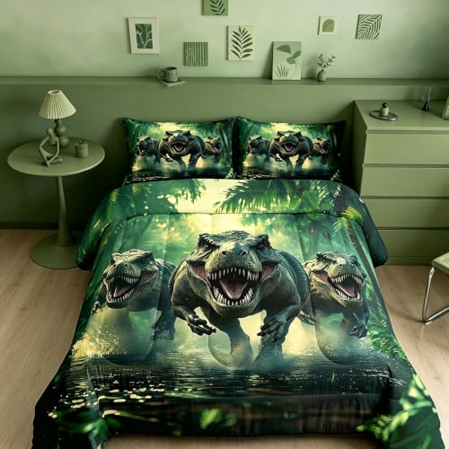 Image of Feelyou Dino Dinosaur Comforter Set Twin Size Kids Boys Bedding | All Season Soft Bed Set Duvet Set Microfiber Green Warm Cozy Breathable Lightweight