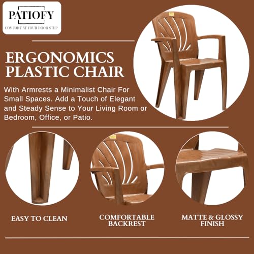 Image of Patiofy Plastic Chair for Home & Outdoor Use | Heavy Duty Comfortable Chair with Strong Legs | Stackable, Easy to Clean | Suitable for Living Room, Balcony, Patio Pack of 4 (Elba Sandalwood)
