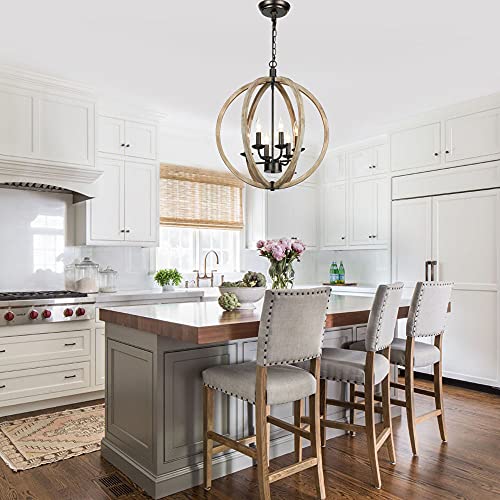 T&A Orb 6 Light Farmhouse Chandelier, Brown Wood Chandelier Globe Hanging Lights Fixture For Dining Room Bedroom Foyer Entryway And Living Room #TOP2