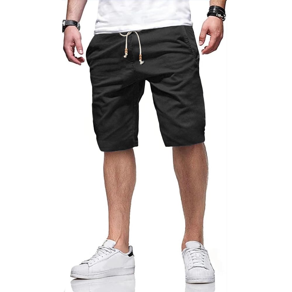 Tansozer Men's Black Summer Casual Cotton Shorts With Pockets Elasticated Waist M