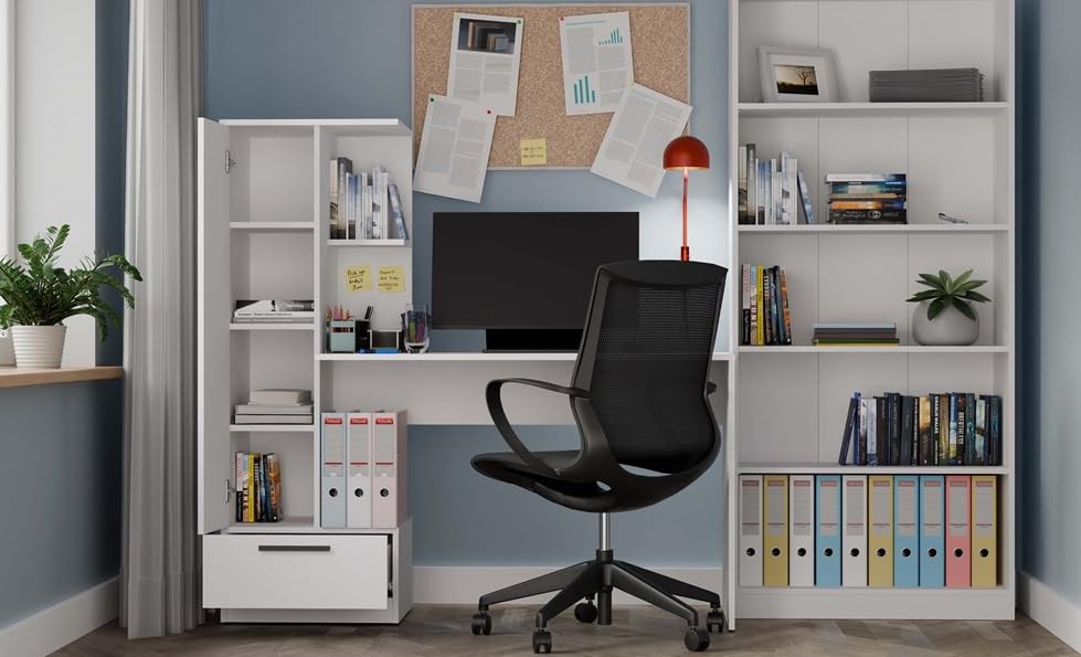 BDW Cosmo Scrivania con mensole, larghezza 143 cm, altezza 140 cm, profondità 50 cm, scaffale integrato con porta, cassetto, asilo nido, ufficio, adolescenti, bianco