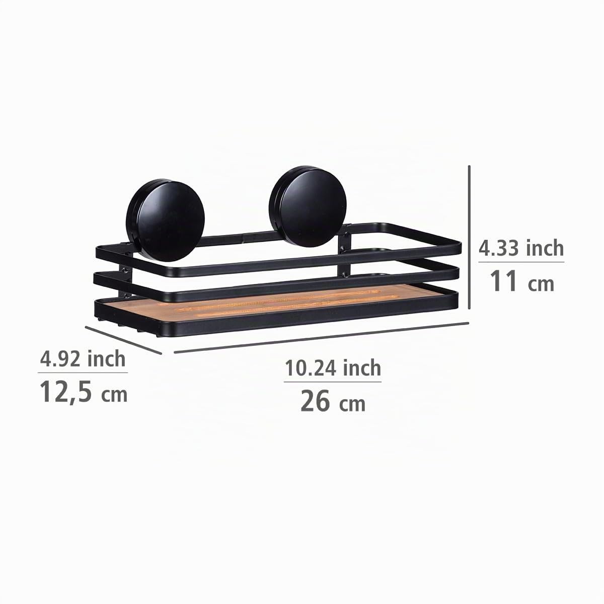 Wenko Superficie di appoggio da parete Static-Loc Plus Alba per stanza da bagno, in acciaio verniciato e bambù sostenibile, fissaggio senza perforazione, 26,5 x 12,5 x 11 cm, nero/al naturale