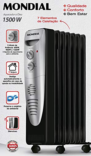 Aquecedor a Óleo, Mondial, Preto/Prata, 1500W, 220V - A-06