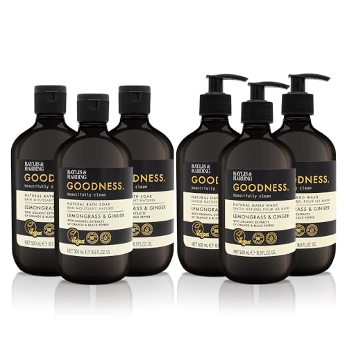 Baylis & Harding Goodness Lemongrass & Ginger Toiletries Bundle: 3 x 500 ml Hand Wash & 3 x 500 ml Bath Soak (6 bottles) - Vegan Friendly