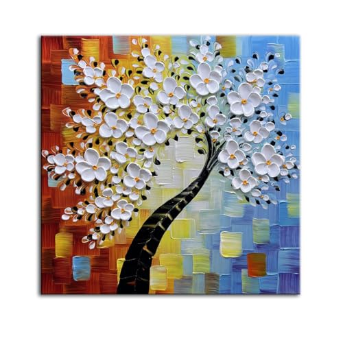 YaSheng Art -3D handmade paintings textured wall art Oil Painting On Canvas white Flowers Paintings Modern Home living room Wall Art Abstract canvas art picture Ready to hang 30x30inch