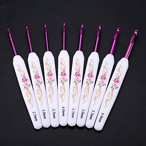 8PCS Aluminum Crochet Hook Set, Portable Yarn Hook Crochet Kit with Soft Floral Print Plastic Handle for Beginners (Thick White Handle)