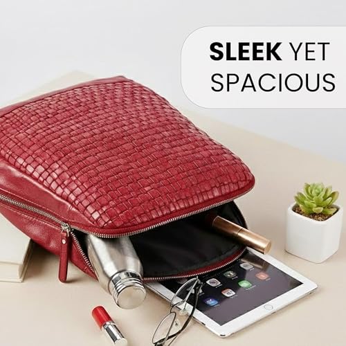 Image of 12.5 Inch Genuine Leather Backpack for Women and Men, Red Leather Backpack with Adjustable Shoulder Strap