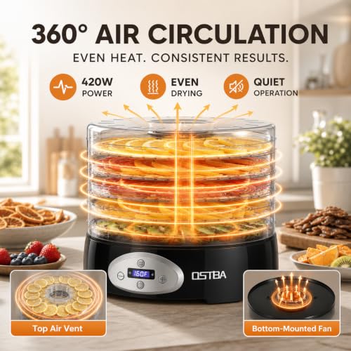 OSTBA Food Dehydrator, 5 BPA-Free Trays, Adjustable Temp, 48H Timer, 420W - Image 4