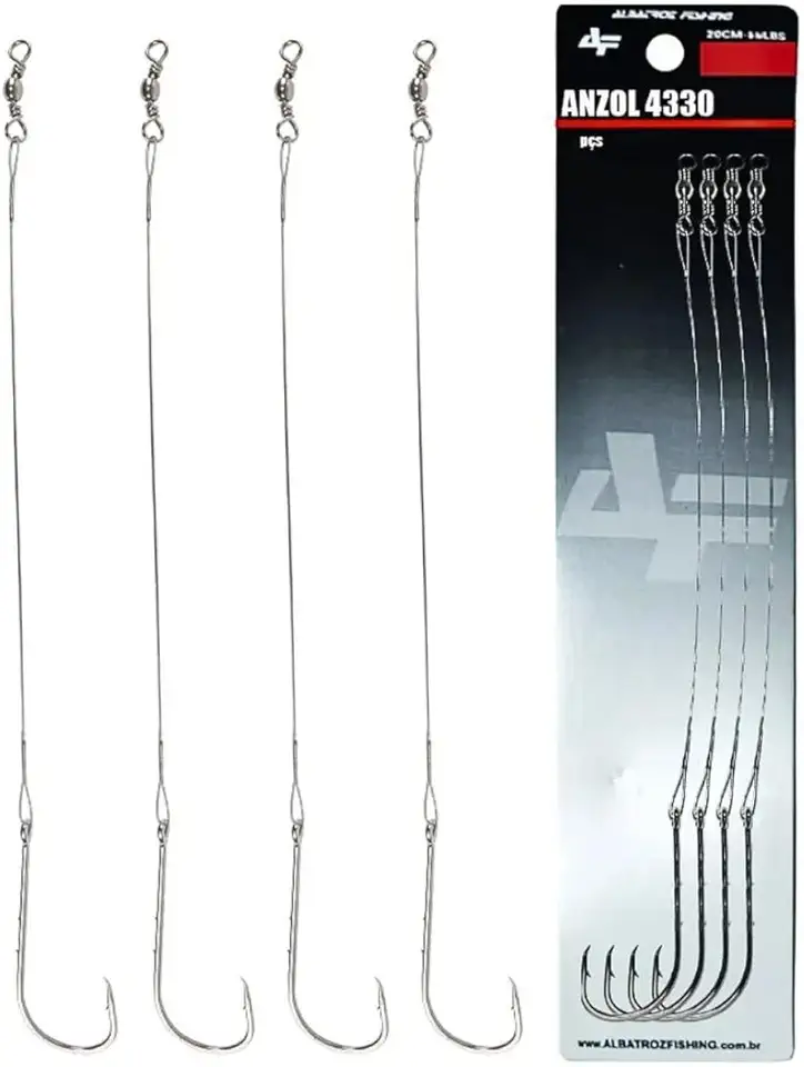 Anzol Encastoado 4330 8/0 Com Cabo de Aço 20cm 80lbs Kit 4 Peças Para Pesca Pesada Rio Lago Pesqueiro Alta Resistência