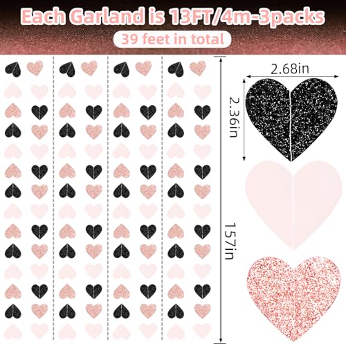 Image of Rose-Gold Black Pink Party-Decorations Heart Streamers Garland - 39FT Baby Girls Shower Hanging Paper Banner Christmas Wedding Engagement Bachelorette Bridal Shower Backdrop Valentines Decor