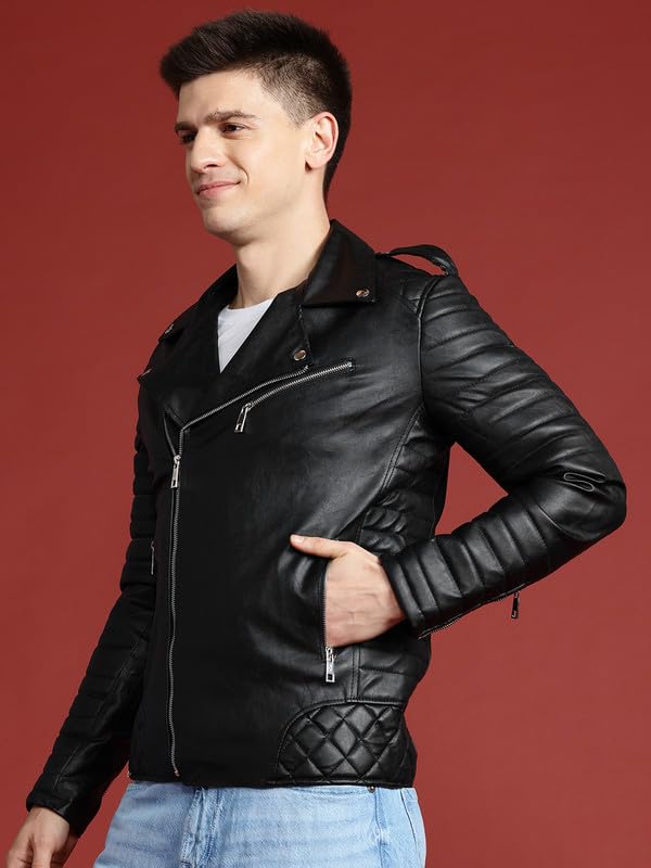 Image of Leather Retail Men's Sleek Black Faux Leather Roadies Biker Jacket