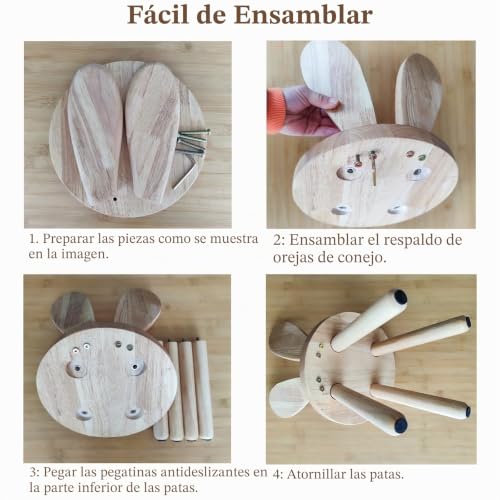 Miniatura 7 de Yier Mei Taburete De Madera Maciza Personalizado Con Forma De Orejas De Conejo Para Niños, Silla Pequeña, Muebles Redondos De Madera Para Comer, Leer Y Jugar Color Madera