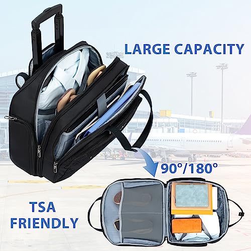 VANKEAN Rolling Laptop Bag for Women Men, Rolling Briefcase Fits Up to 15.6 Inch Laptop, Water-Proof Overnight Rolling Computer Bags with RFID Pockets for Travel Business College, Black