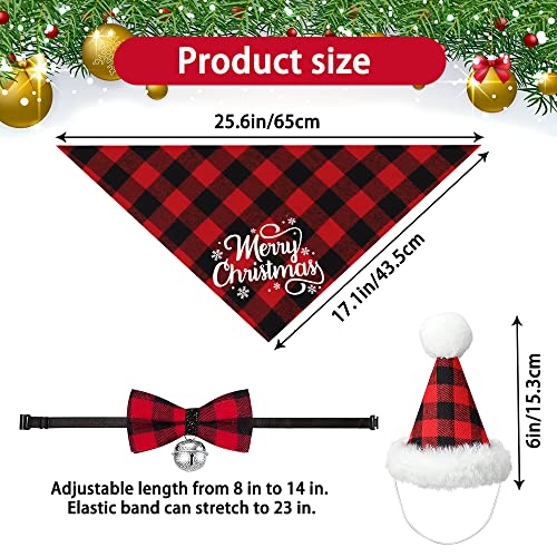 DULEFUN 3pcs Christmas Dog Costumes Classic Buffalo Plaid Xmas Dog\'s Outfit Clothes Bandana Hat Bowtie Scarf Kerchief Triangle Bib Accessories for Small Medium Dogs