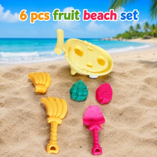 Image of WISHKEY Beach Toys for Kids 6 Pcs Fruit Beach Sand Toy Set with Strawberry Wheelbarrow, Sand Rake, Sand Shovel & Fruit Moulds Beach Sand Play Set for Boys & Girls ABS Plastic 18 Months+ Multicolor