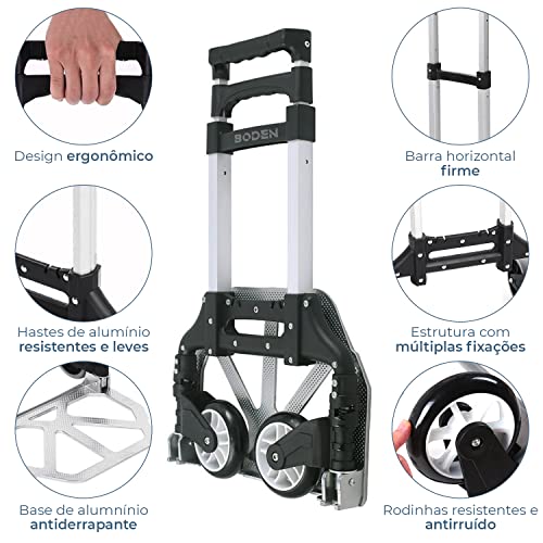 Carrinho de Mão para Carga até 75Kg Plataforma Dobrável de Alumínio (Preto)