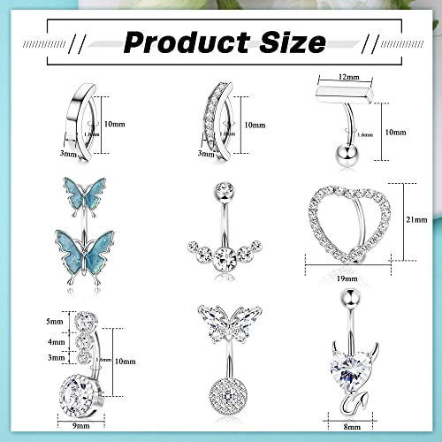 Fibo Steel 9 Pcs 14G Belly Button Rings Surgical Steel Clicker Belly Rings For Women Cz Butterfly Heart Curved Reverse Navel Rings Body Piercing Jewelry Barbell Silver-Tone #TOP2