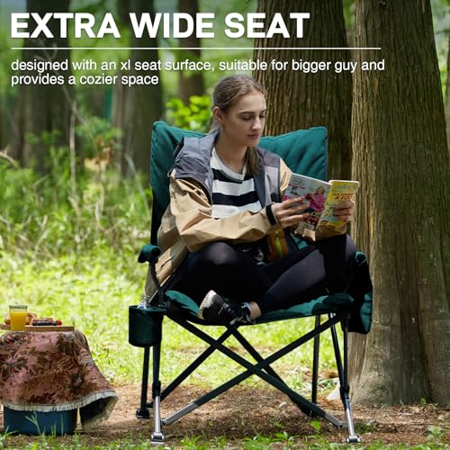 Image of EVER ADVANCED Padded Oversized Folding Camping Chair for Adults, Heavy Duty Lawn Chair with Side Pockets, Portable Collapsible Quad Chair for Outside, Support Up to 500lbs, Green