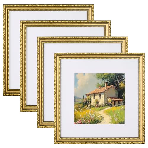 eletecpro 12x12 Picture Frames Set of 4, Vintage Photo Frame with Glass, Gold Frames 12 by 12 Display 8x8 Photo with Mat or 12x12 without Mat for Home Wall Decor, Gold