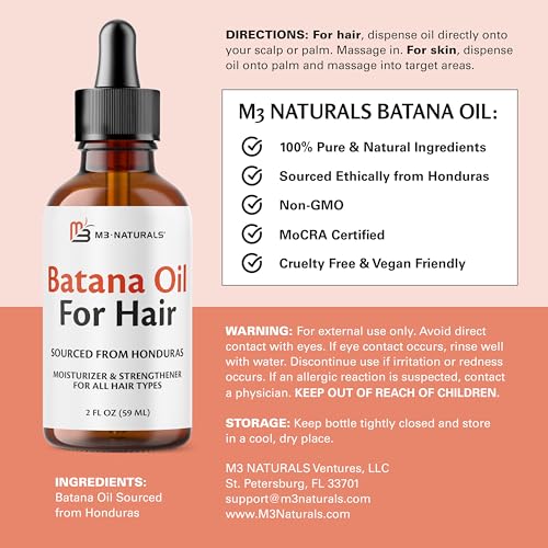 M3 Naturals Batana Oil for Hair Growth & Skin – Dr. Sebi 100% Pure, Unrefined & Cold-Pressed from Honduras – For Thicker Hair, Stronger Strands & Smoother Skin – Vegan, Non-GMO – 2 FL OZ