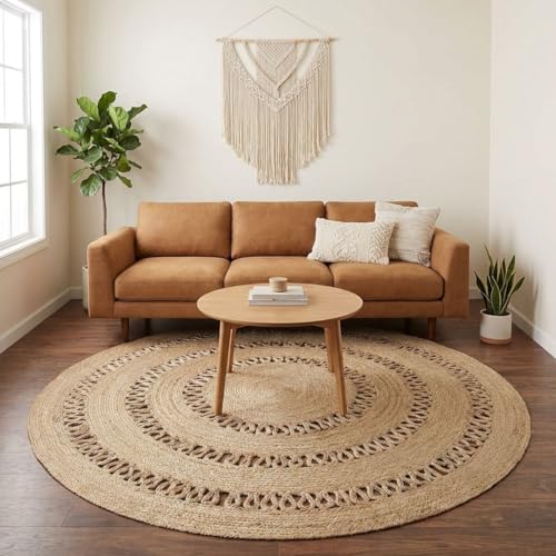 · REDEARTH · Round Area Rug - 6 Feet Braided Scalloped Earthy Trails Jute Rug- Artisan Made Boho Jute Patterned Rugs for Bedroom, Kitchen, Living Room, Farmhouse, Aesthetic, Handmade Vintage Décor