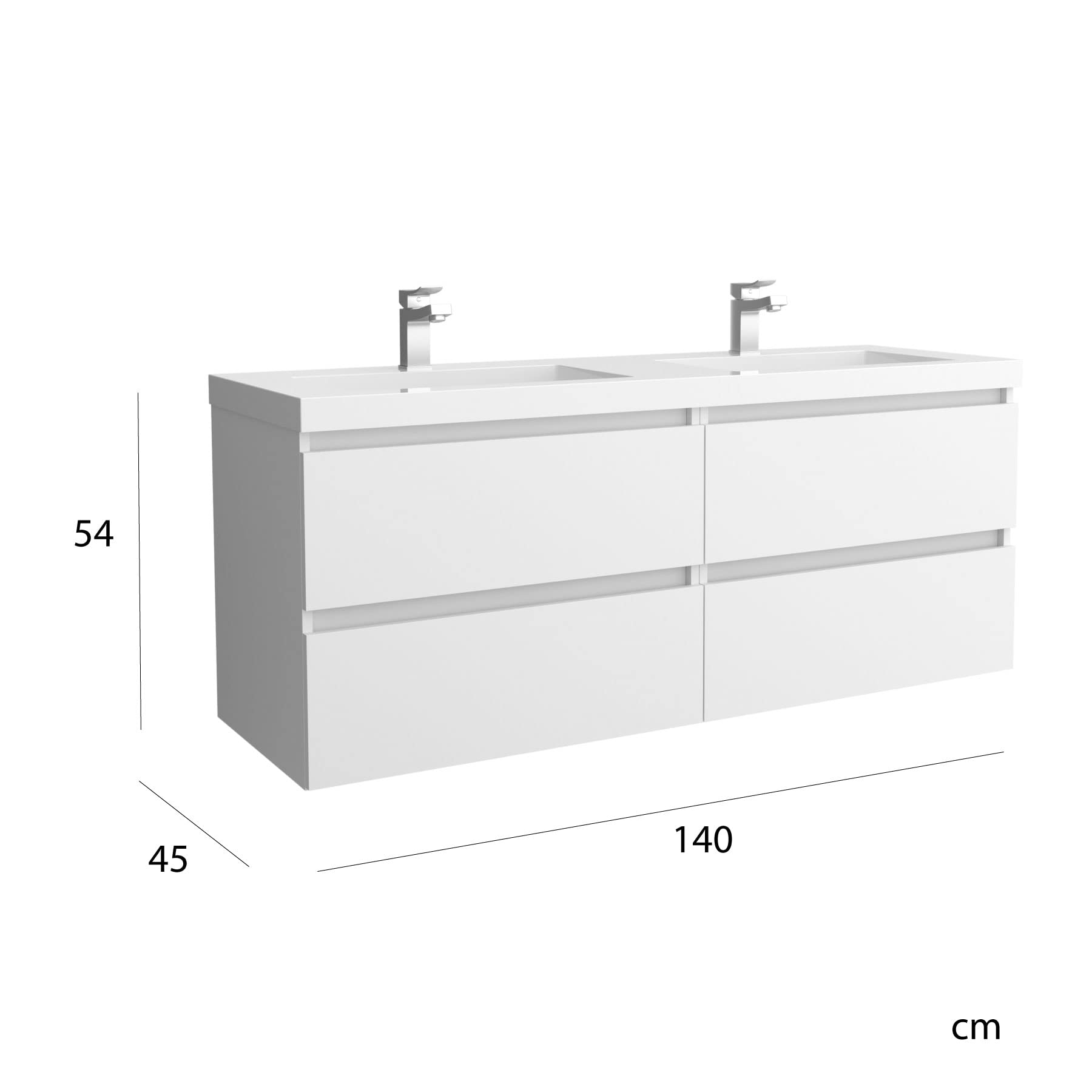 Salgar Mueble de baño Bequia 140 cm 100% montado de fábrica Acabado Mate suspendido 4 cajones Cierre amortiguado Apertura con uñero Lavabo 2 pozas Porcelana Blanco Mate