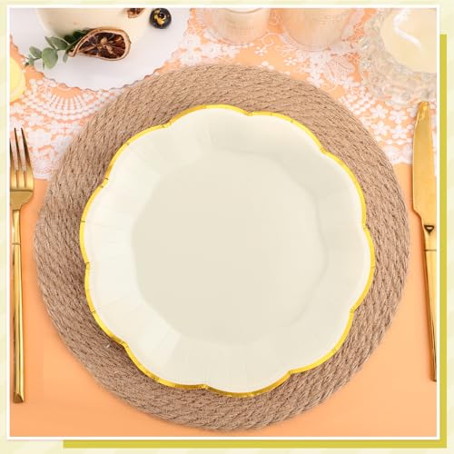 Image of NatNarr 30 Pcs Cream Paper Plates, 9 Inch Ivory Paper Plates with Gold Trim Scalloped White and Gold New Years Plate for New Year, Baby Shower, Wedding (Pack of 2)