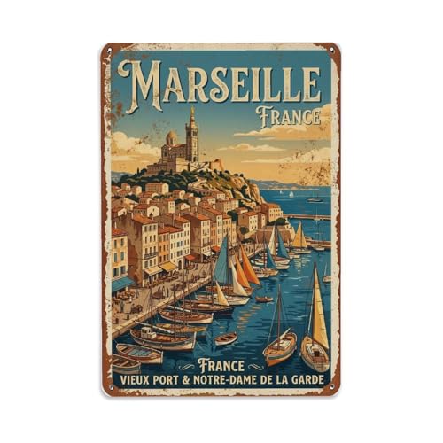 Plaque en métal vintage Marseille France - Décoration murale pour café, bar, bureau, maison, jardin - 20,3 x 30,5 cm