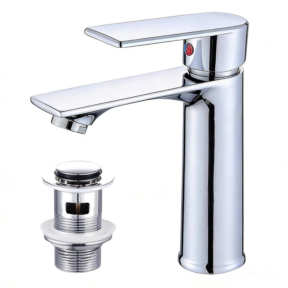 Basin Mixer Tap – Bathroom Faucet with Dual Hot & Cold Controls, Chrome Stainless Steel, Rust-Resistant, Bathroom Sink Tap with Hoses G1/2'' Modern Round Cloakroom Faucet with Click Clack Plug Waste