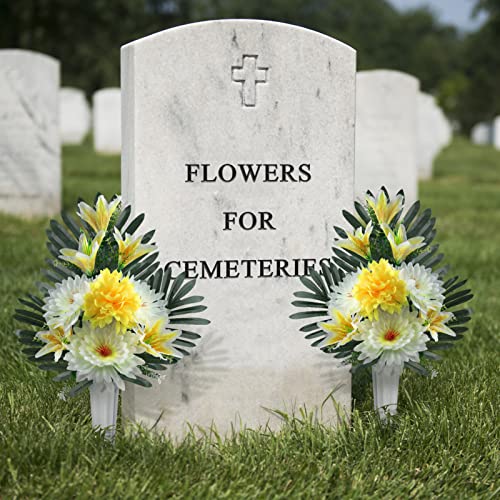 Nubato Artificial Cemetery Flowers For Grave, Set Of 2 Yellow Chrysanthemum Lilies Bouquet Memorial Flowers With Vase, Artificial Silk Grave Flower For Outdoor Cemetery Graveyard Gravestone Decoration #TOP4