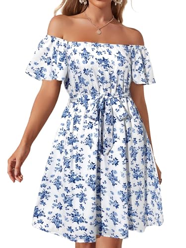 Image of Off Shoulder Ruffle Dress for Women, A-Line Mini Dress with Belt, Fitted Bust Summer Wedding Guest Dress