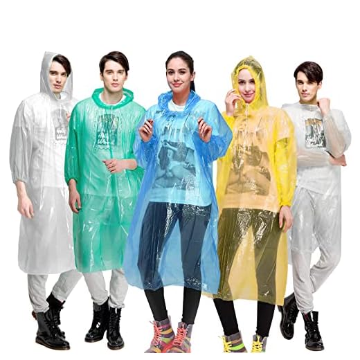 Rain Ponchos for Adults (5 Pack, 5 Colors), Disposable Emergency Poncho with Hood and Drawstrings, Travel Poncho for Outdoor Activities