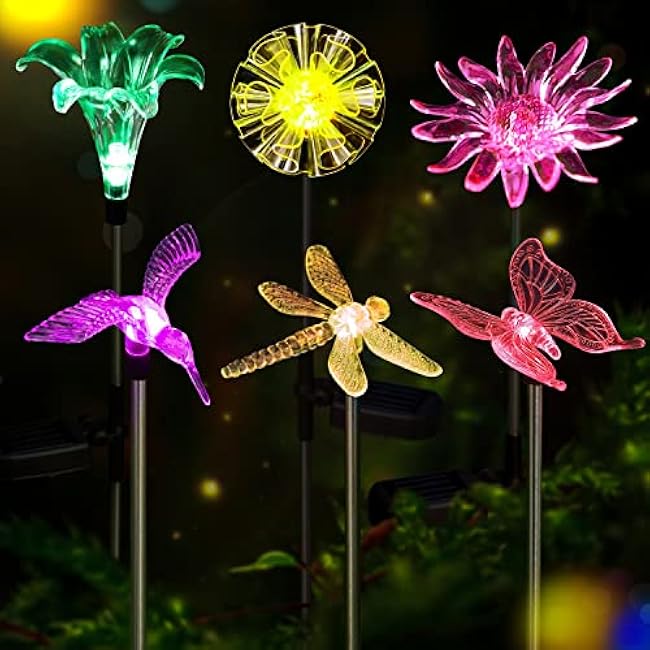 Solar Garden Lights Outdoor - 6 Pack LED Figurine Stake Lights, Color Changing Landscape Lighting, Halloween Decorative Flower Lights Solar Powered Waterproof for Patio Yard Pathway, Housewarming Gift